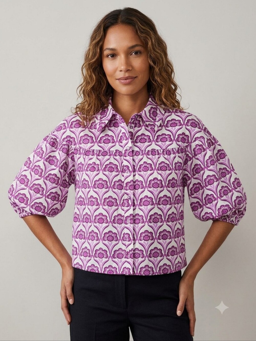Anthropologie Maeve Zoey Bubble Sleeve Blouse Purple Floral Size Large